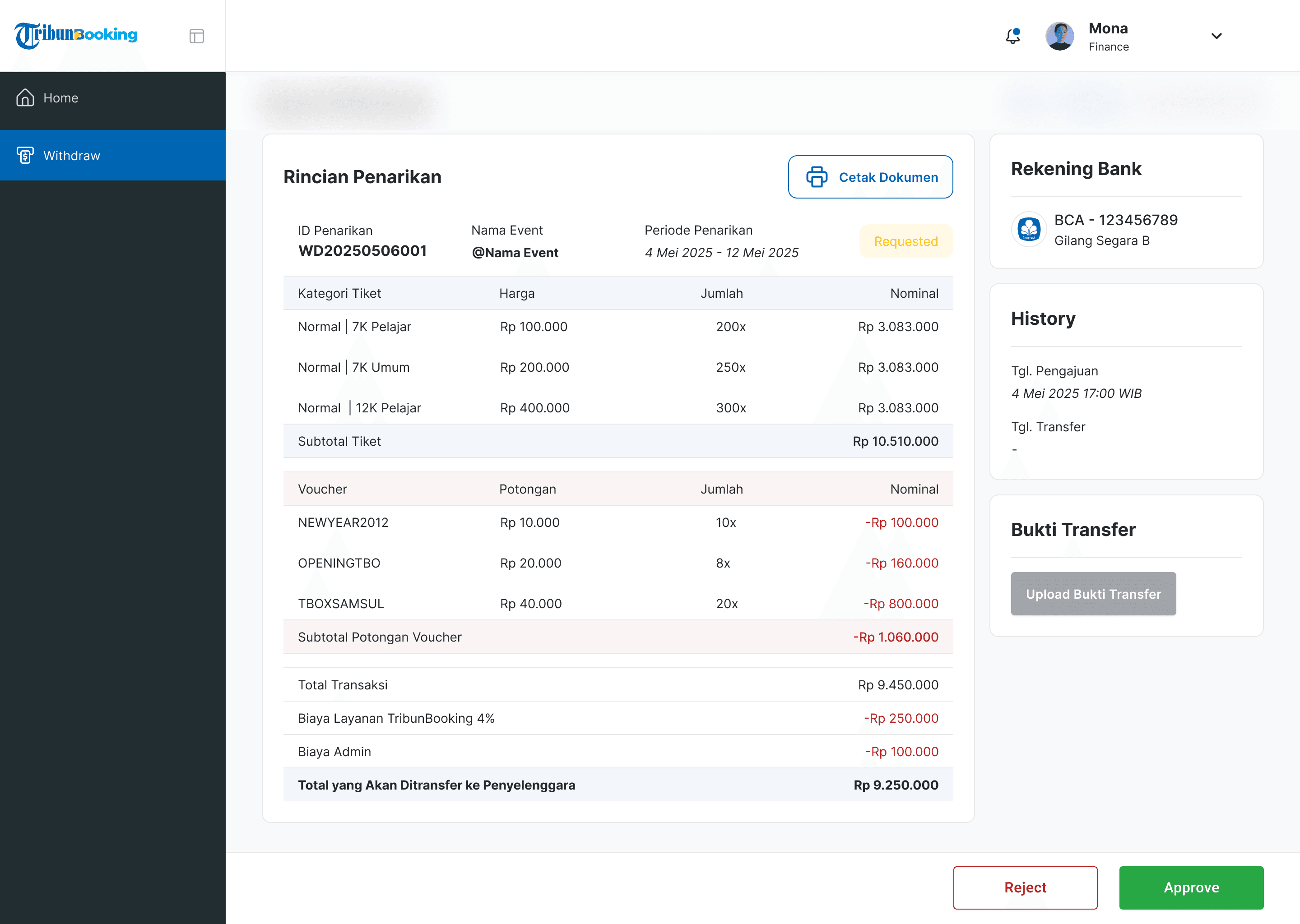 Finance view of a withdrawal breakdown with approve and reject buttons