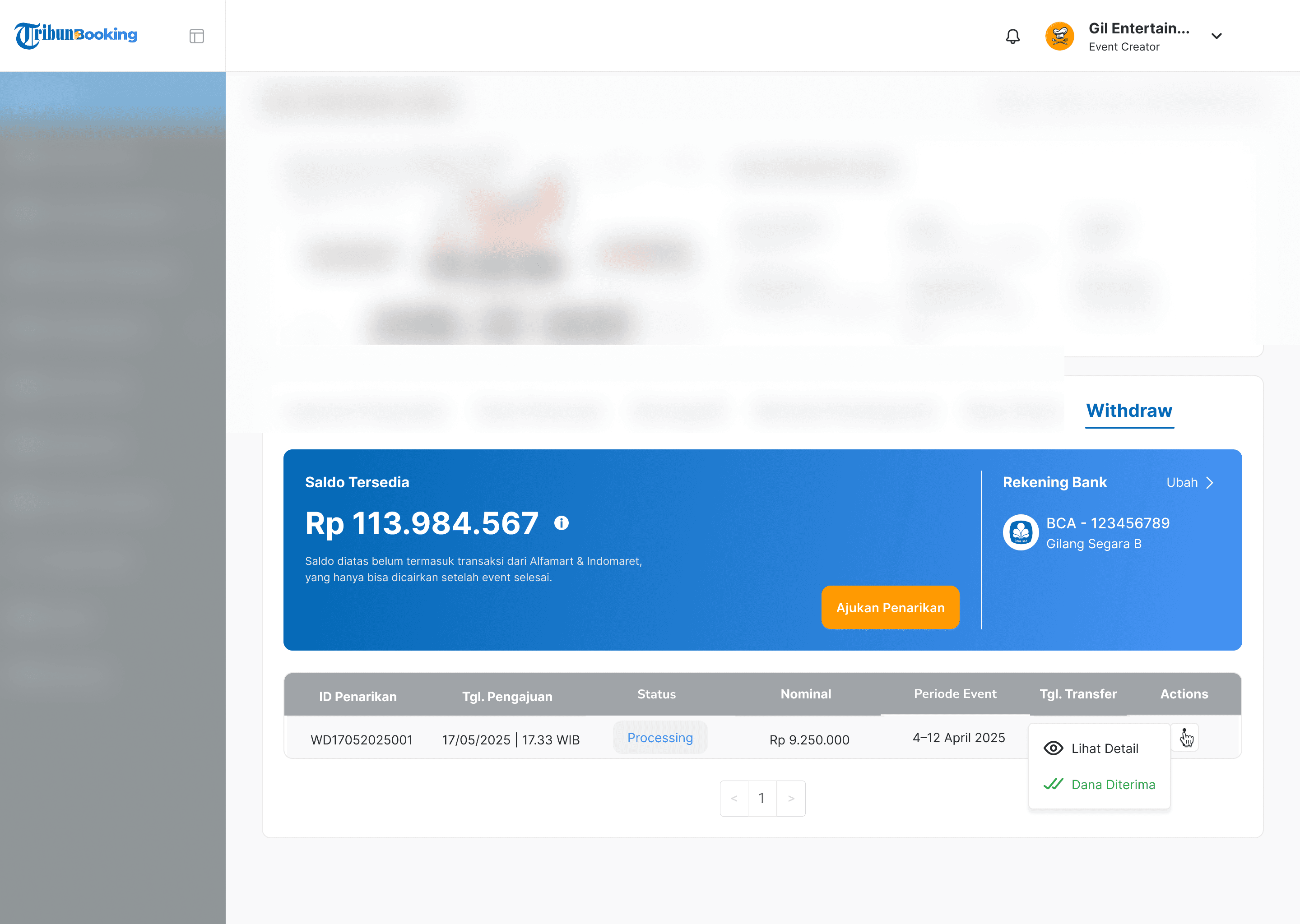 Organizer withdraw tab with balance, bank account and request history
