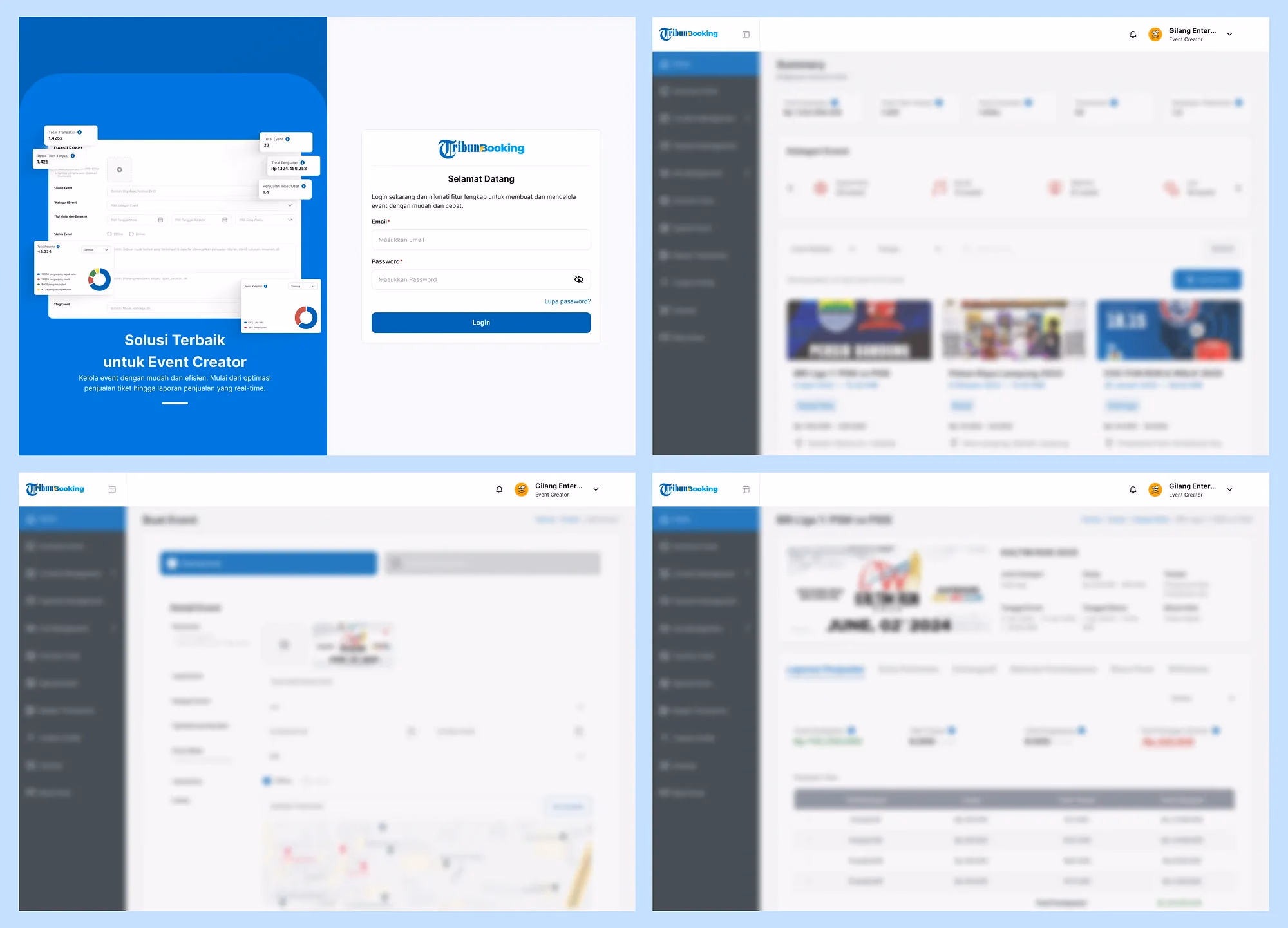 Event creator CMS: login, summary dashboard, create event, event detail